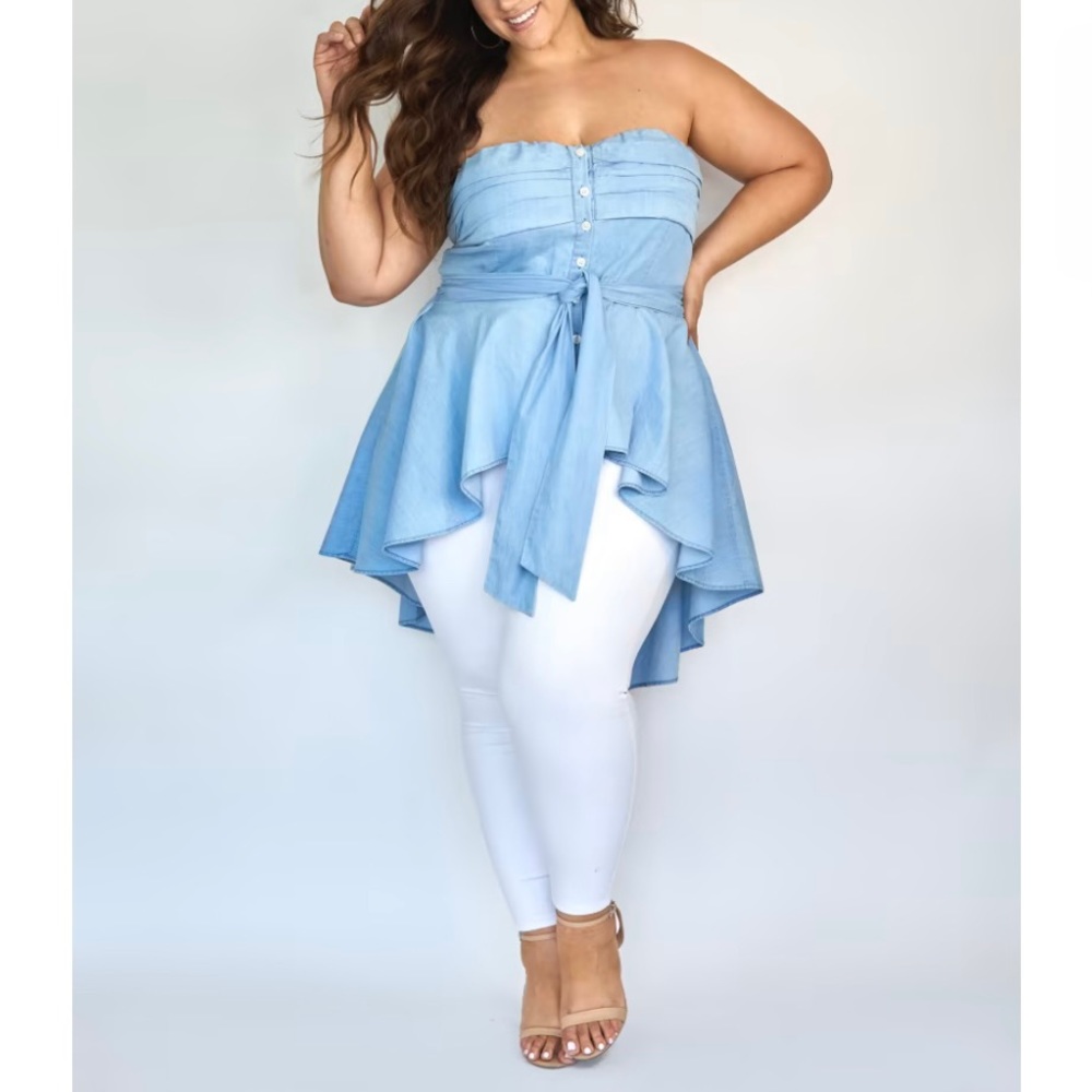 Fashion to Figure Chambray Katrina Off The Shoulder Hi-Lo Top Sz 0 (XL)